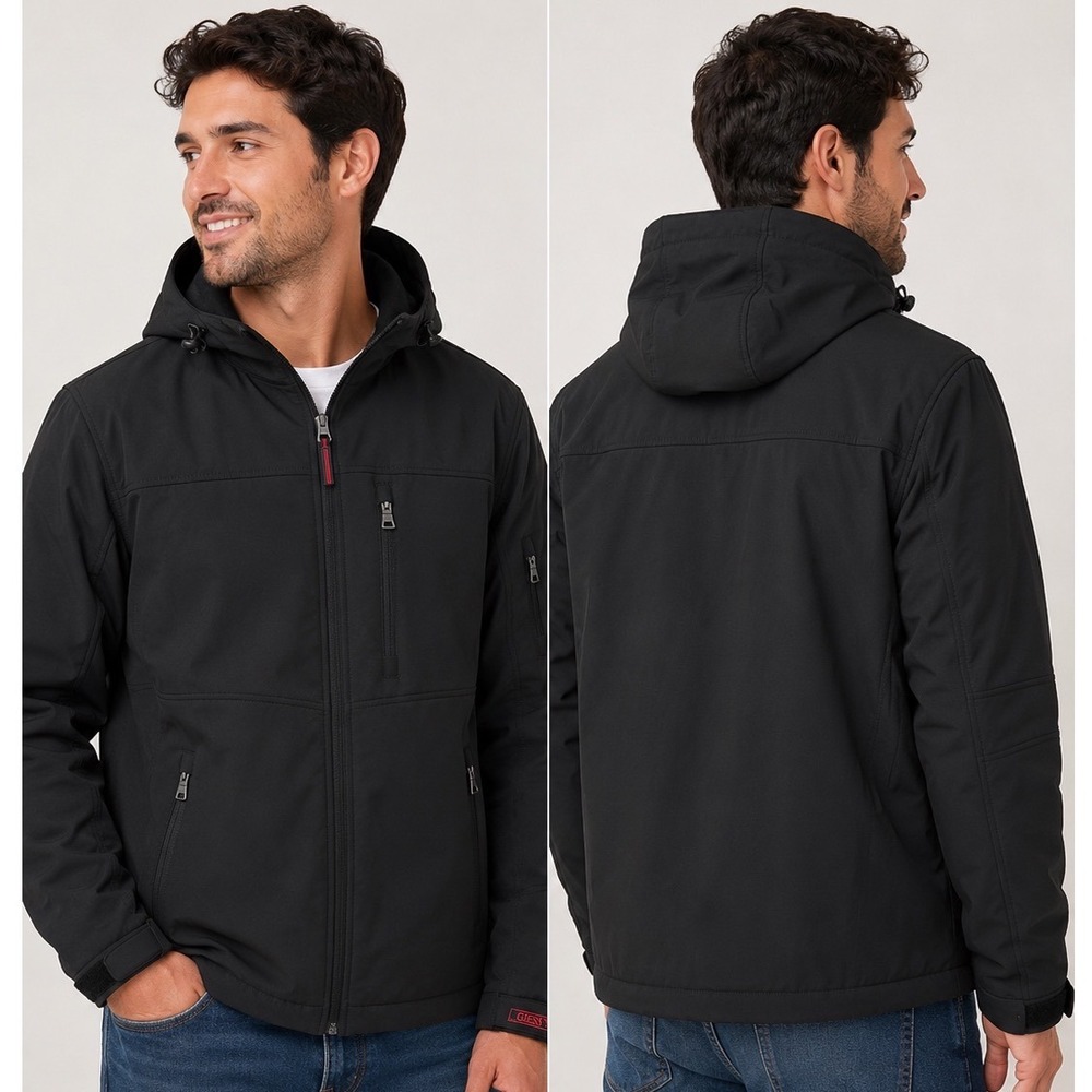 Guess Men XXL Black Hooded Utility Jacket Full Zip Pockets Early 2000 Y2K Coat